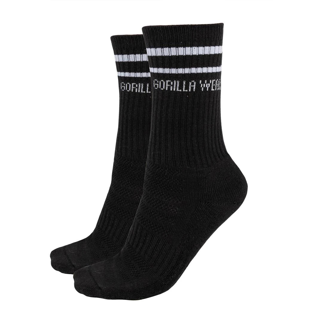 Gorilla Wear Crew Socks 2-Pack black, kaksi mustaa joustinneulottua treenisukkaa valkoisilla raidoilla ja logolla., kuva 2/4