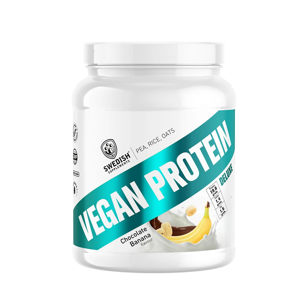 Swedish Supplements Vegan Protein Deluxe 750 g -proteiinijauhe valkoisessa purkissa turkooseilla yksityiskohdilla, makuna Chocolate Banana.