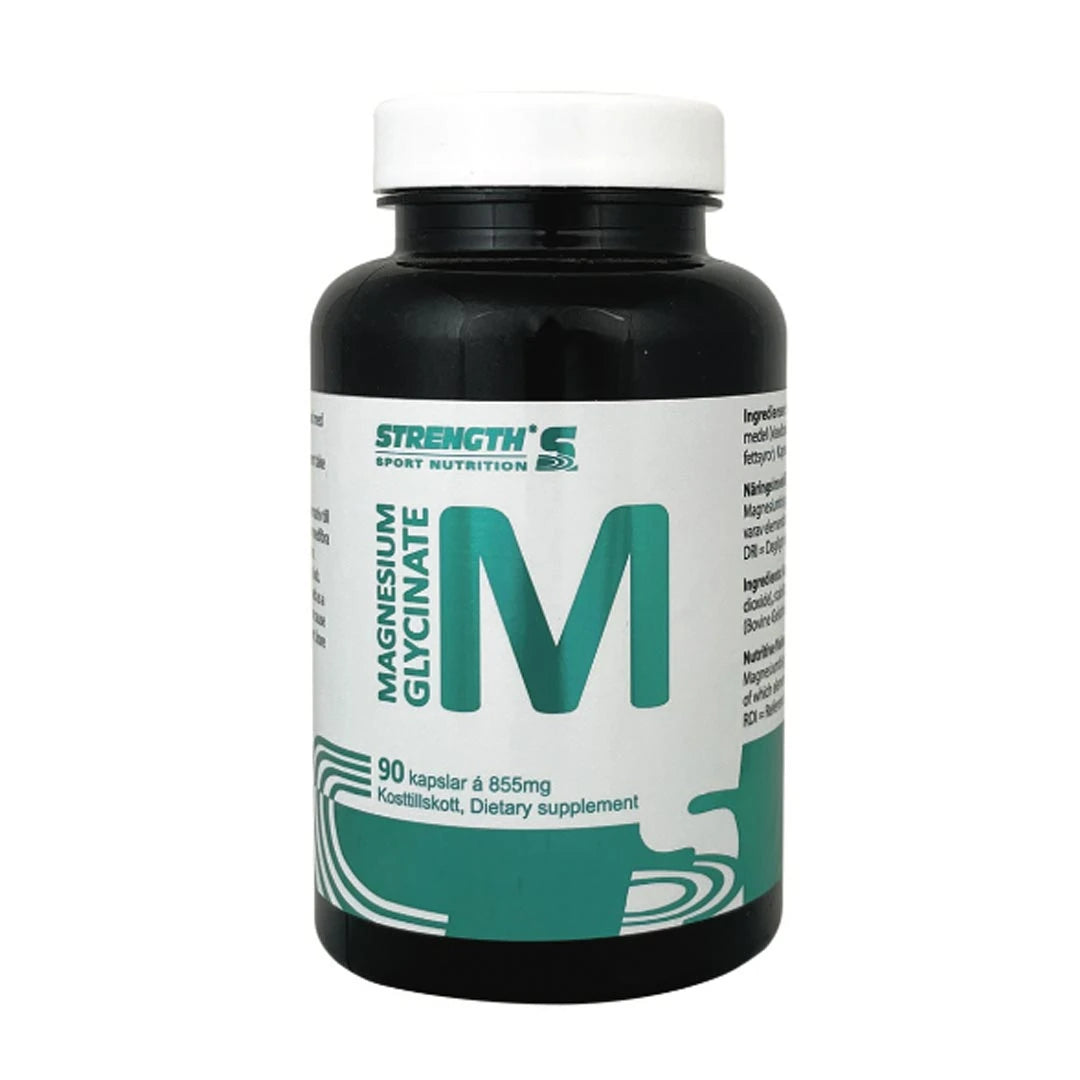 Strength Sport Nutrition Magnesium Glycinate 90 caps tummassa muovipurkissa valko-turkoosilla etiketillä.