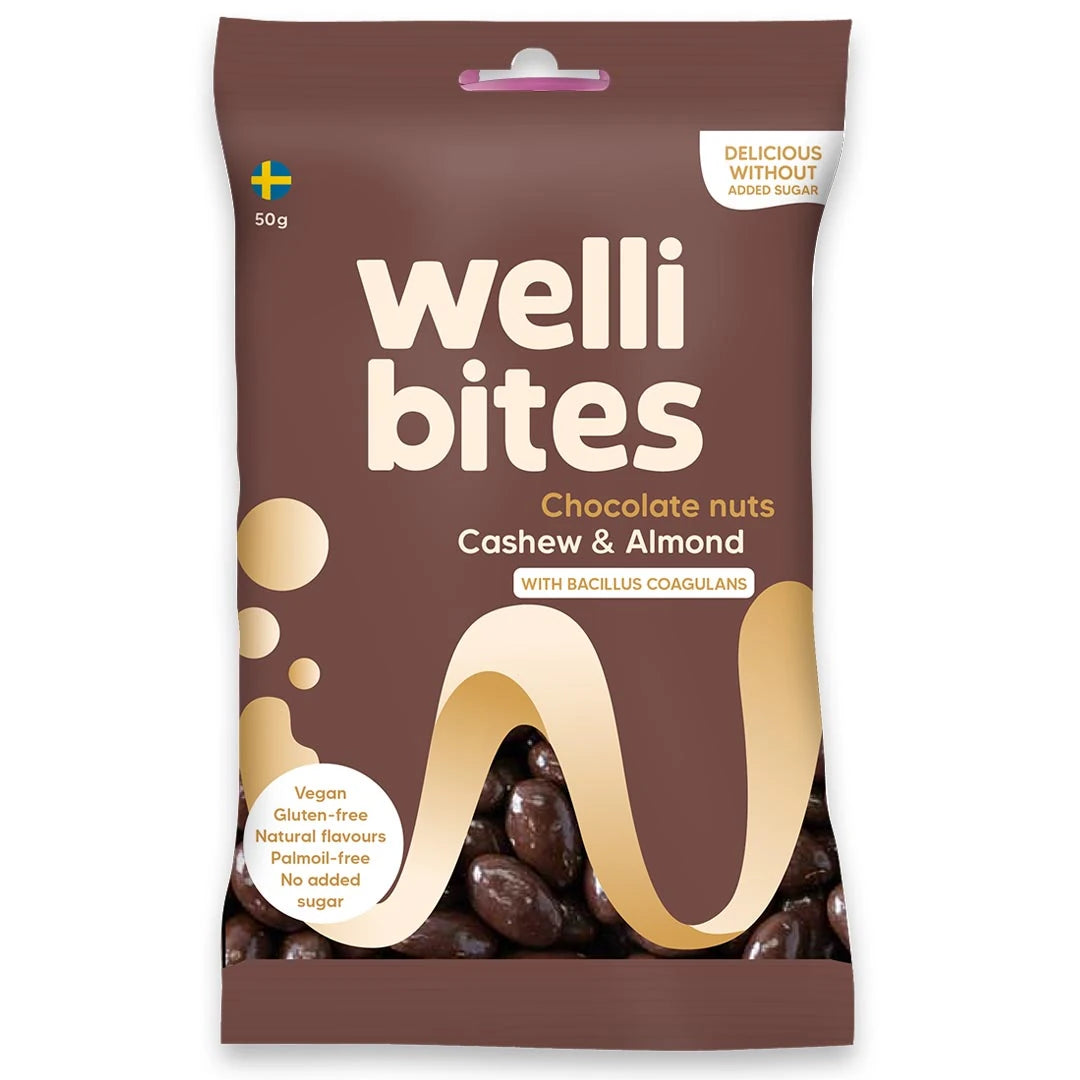 Wellibites Candy 50 g -sokeriton makeinen ruskeassa pussissa, makuna Chocolate nuts Cashew & Almond.
