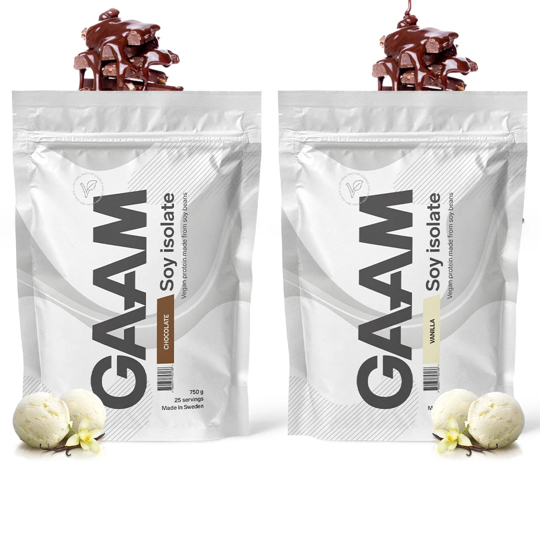 2 x GAAM Soy Isolate 750 g -proteiinijauhe kahdessa valkoisessa pussissa, makuna Chocolate ja Vanilla.