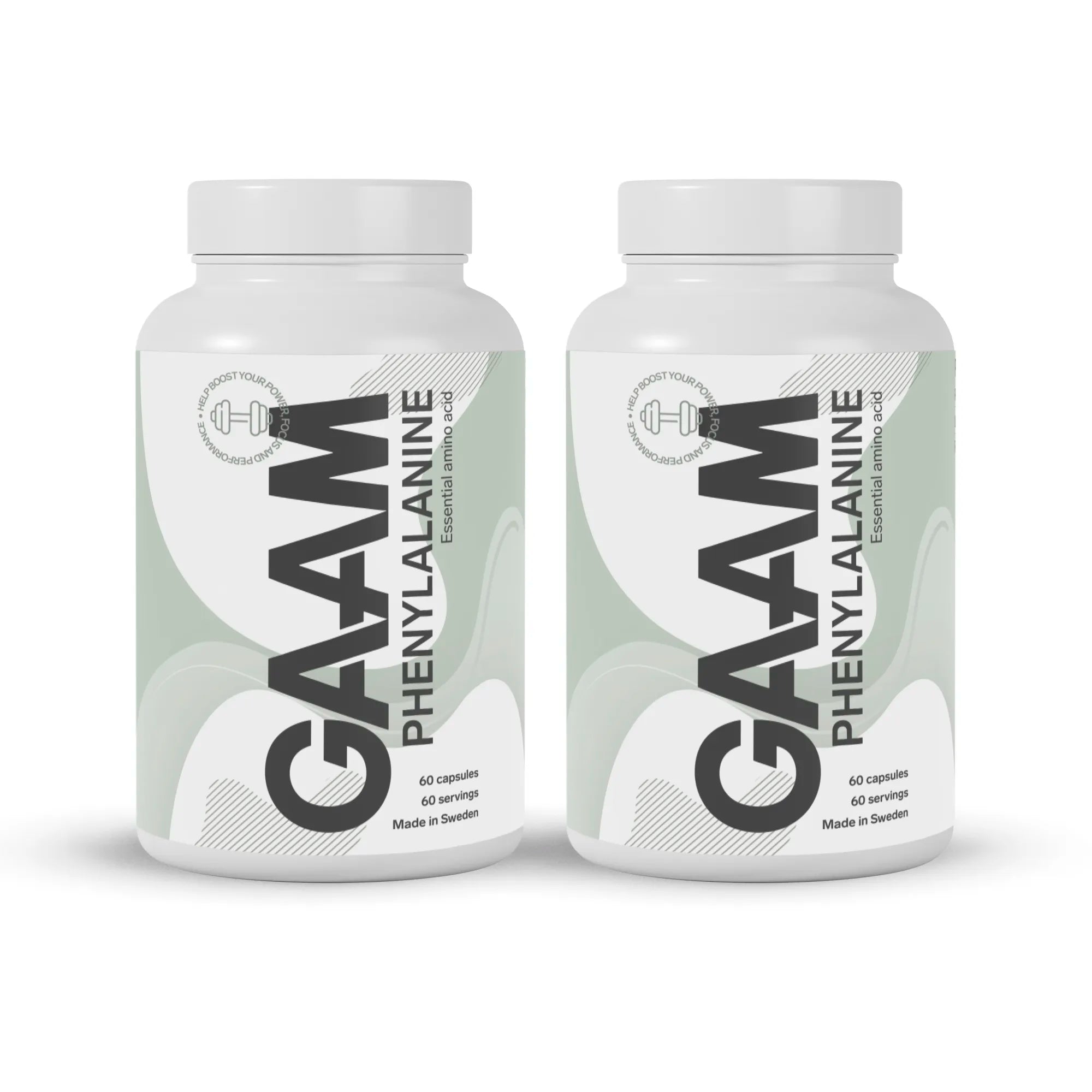 2 x GAAM Phenylalanine 60 caps -ravintolisä valkoisissa purkeissa, joissa on harmaita ja vihreitä yksityiskohtia.