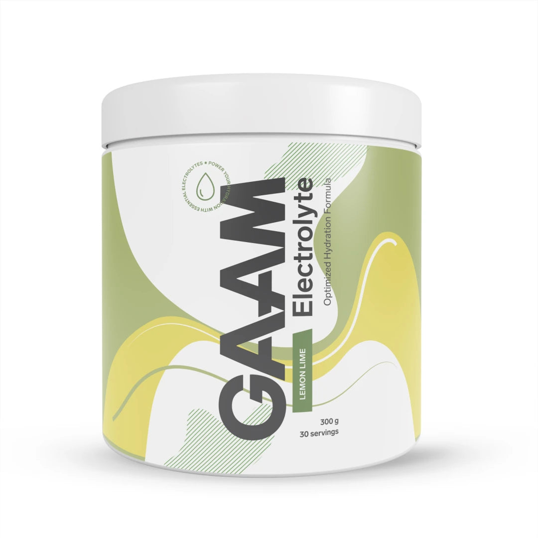GAAM Electrolyte 300 g -elektrolyyttijauhe Lemon Lime -makuisena valkoisessa purkissa, jossa on vihreitä ja keltaisia yksityiskohtia.
