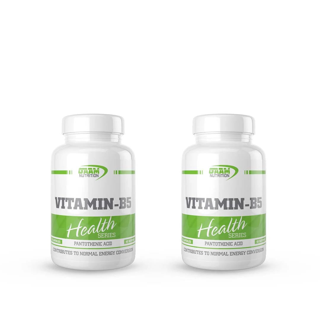 2 x GAAM Vitamin B5 90 caps kahdessa valkoisessa GAAM Nutrition Health Series -purkissa vihreillä yksityiskohdilla.