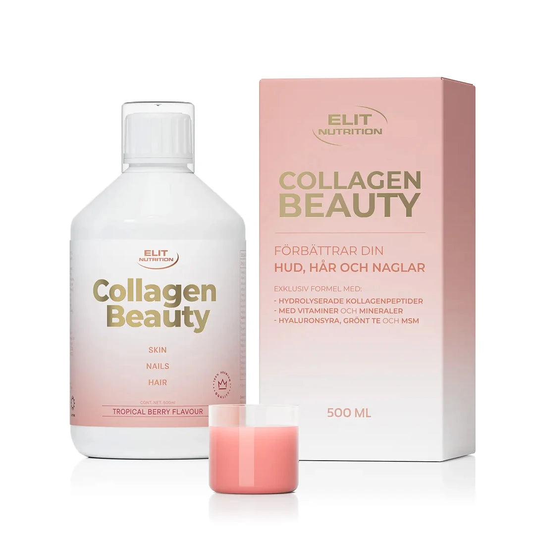 Elit Nutrition Collagen Beauty 500 ml nestemäinen kollageeni valkoisessa pullossa ja vaaleanpunaisessa pakkauksessa, pienen lasin vieressä.