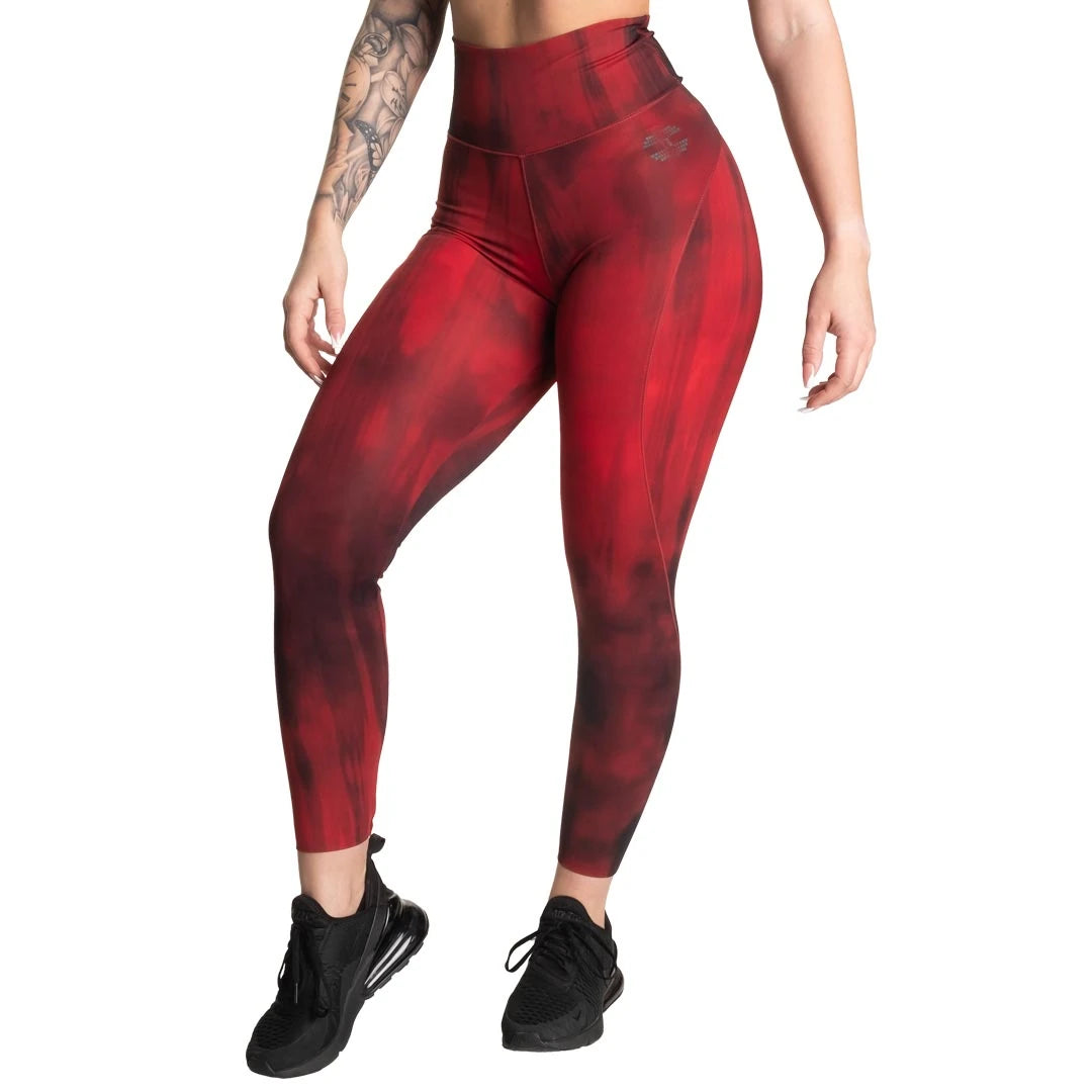 Better Bodies High Waist Leggings Chili Red Grunge, korkeavyötäröiset puna-mustakuvioiset treenitrikoot., kuva 1/2