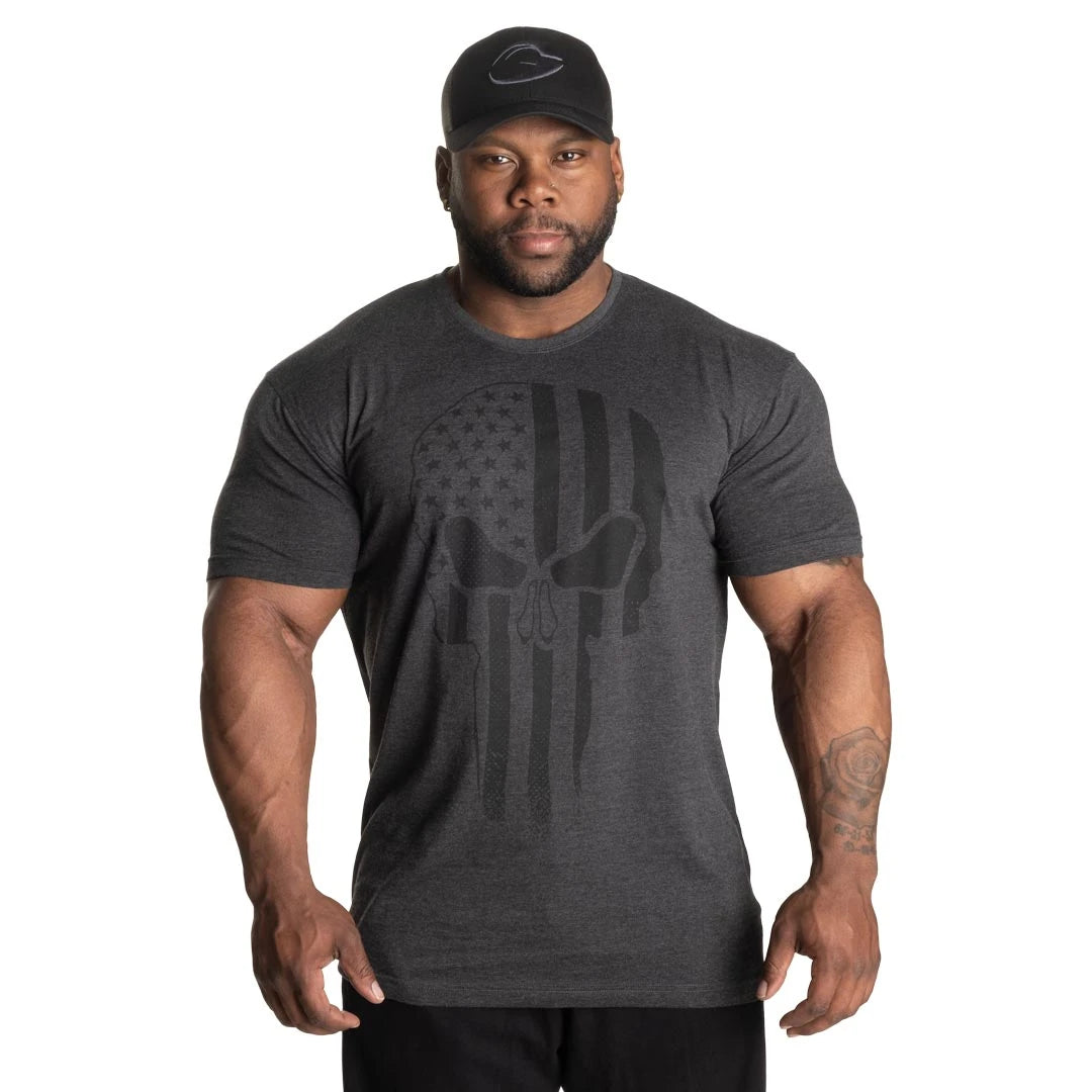GASP Skull Standard Tee Dark Grey Melange, tummanharmaa meleerattu t-paita, jossa on musta pääkallopainatus rinnassa., kuva 1/8