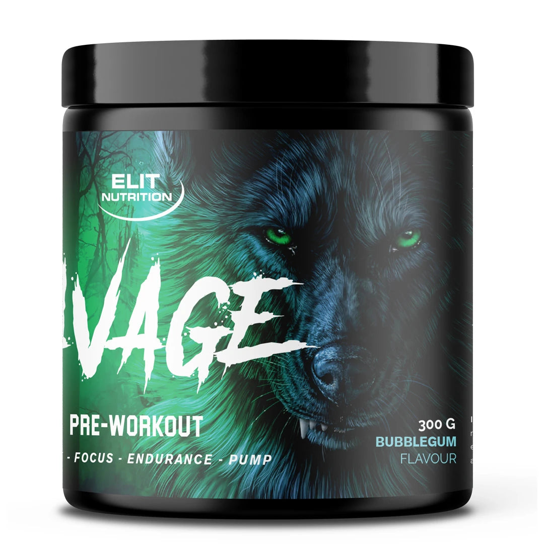 Elit Nutrition Savage PWO 300 g -pre-workout-jauhe mustassa purkissa, jossa on vihreä susikuvio.