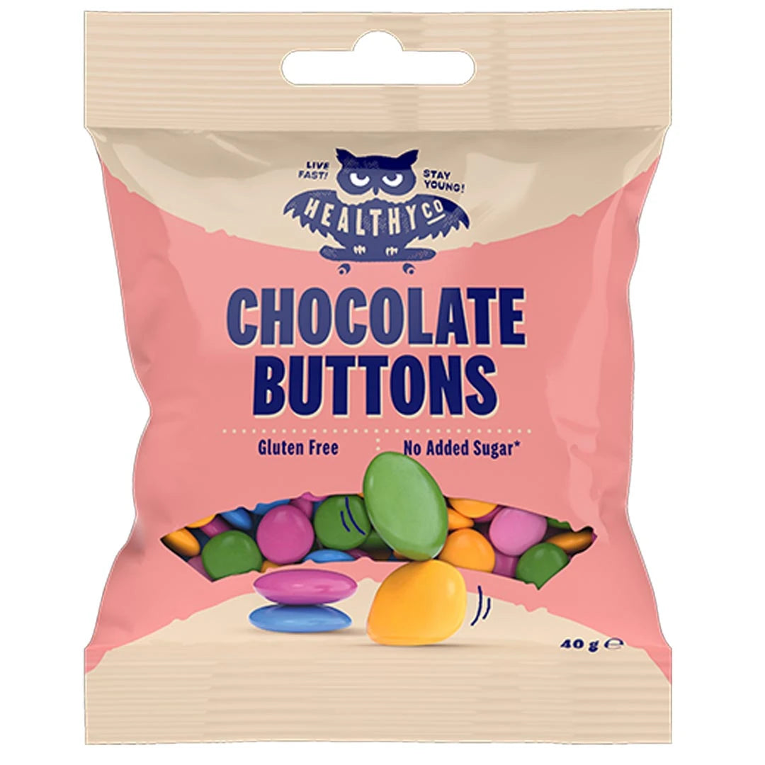 Healthyco Chocolate 40 g beigessä ja vaaleanpunaisessa pussissa, täynnä värikkäitä sokerittomia suklaanappeja.