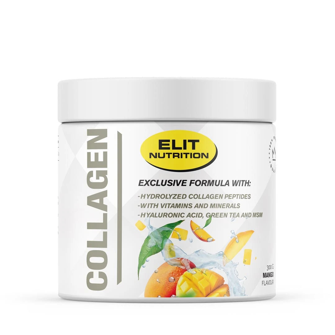 Elit Nutrition Collagen 300 g -kollageenijauhe valkoisessa purkissa hedelmäkuviolla, makuna Mango.