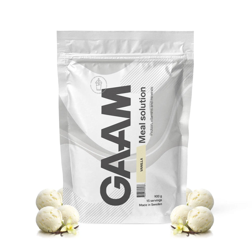 GAAM Meal Solution 900 g -ateriankorvike valkoisessa pussissa makuna Vanilla, ympärillään vaniljajäätelöä.