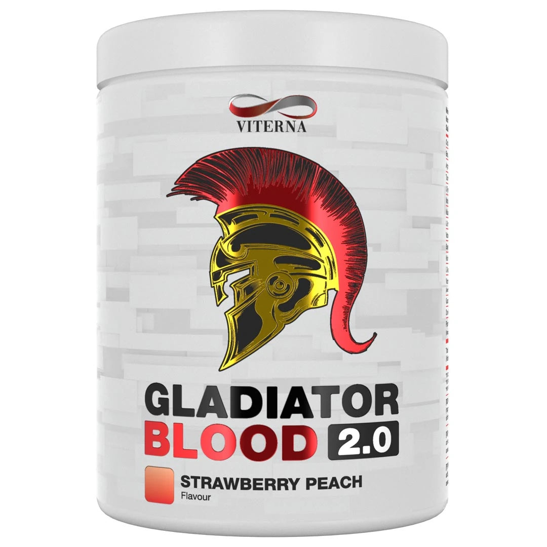 Viterna Gladiator Blood 2.0 460 g PWO valkoisessa purkissa punakultaisella gladiaattorikuviolla, makuna Strawberry Peach.