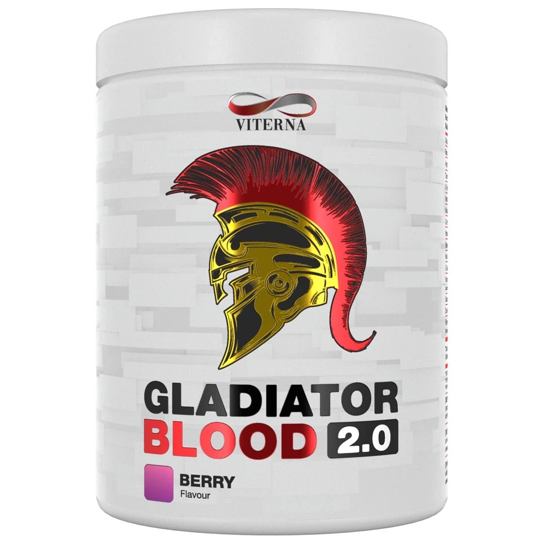 Viterna Gladiator Blood 2.0 460 g -PWO valkoisessa purkissa puna-kultaisella gladiaattorikypärällä, makuna Berry Mix., kuva 4/5