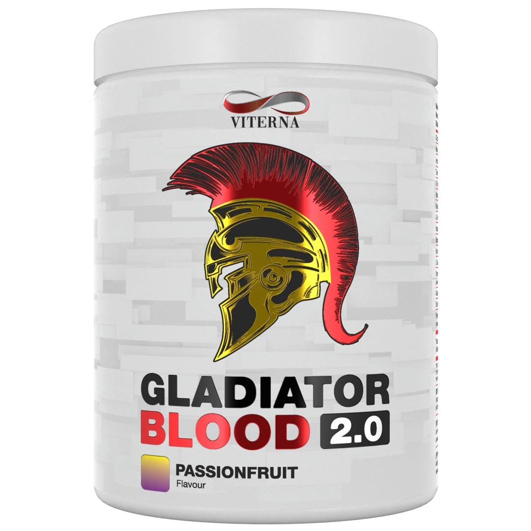 Viterna Gladiator Blood 2.0 460 g -PWO-jauhe valkoisessa purkissa gladiaattorikypärällä, makuna Passionfruit., kuva 5/5