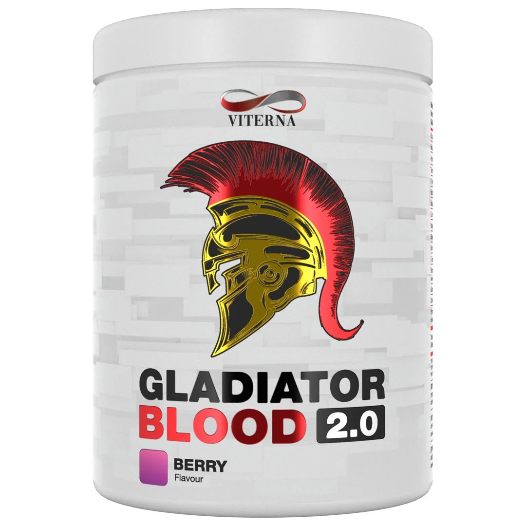 Viterna Gladiator Blood 2.0 460 g PWO-jauhe valkoisessa purkissa punakultaisella gladiaattorikypärällä, makuna Berry.