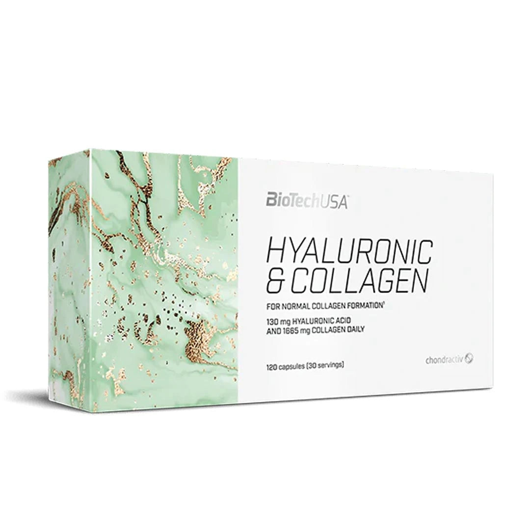BioTechUSA Hyaluronic & Collagen 120 caps -ravintolisä valkoisessa rasiassa, jossa on vaaleanvihreä marmorikuvio.