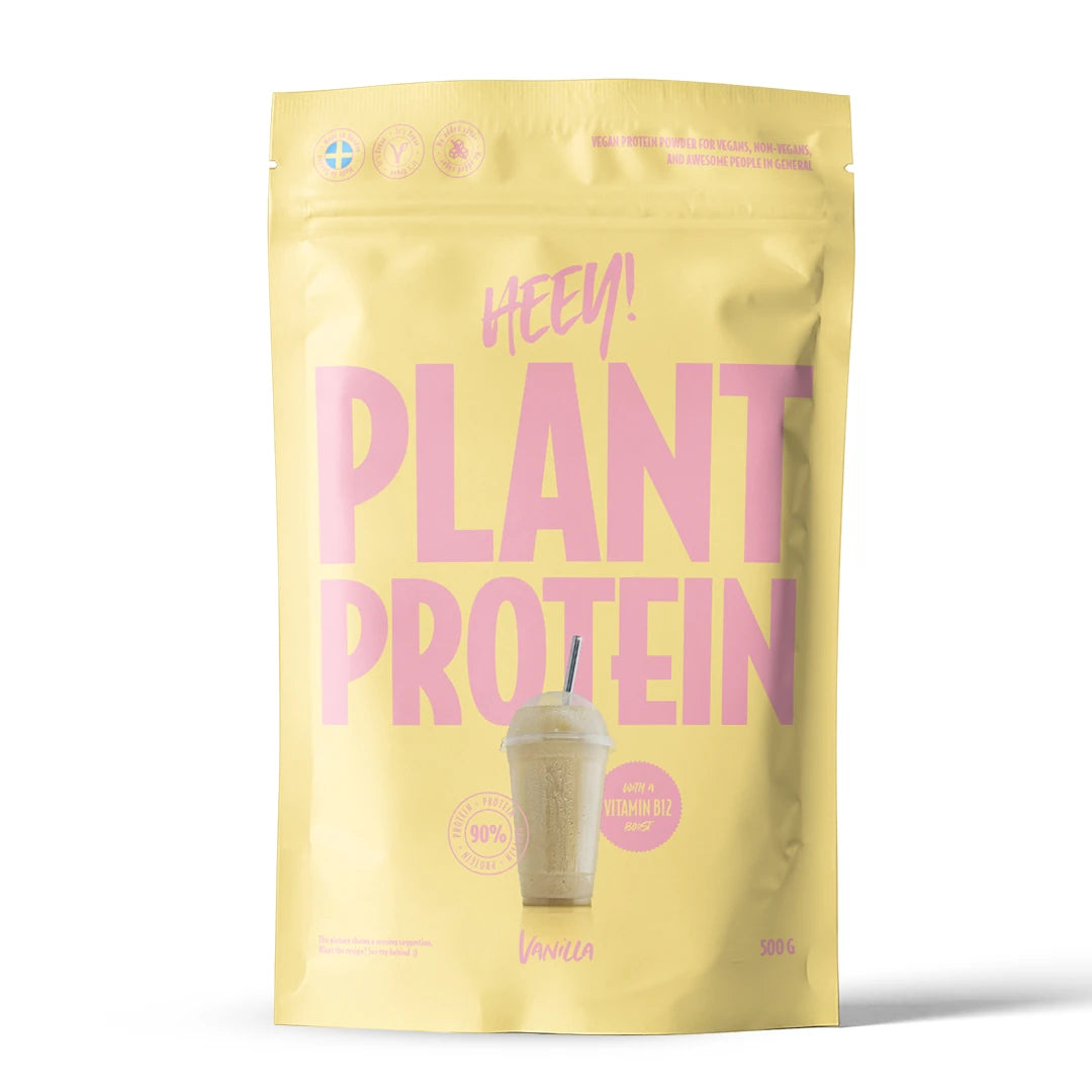 Heey! Vegaaninen proteiini 500 g -proteiinijauhe vaaleankeltaisessa pussissa vaaleanpunaisella tekstillä, makuna vanilja., kuva 3/9
