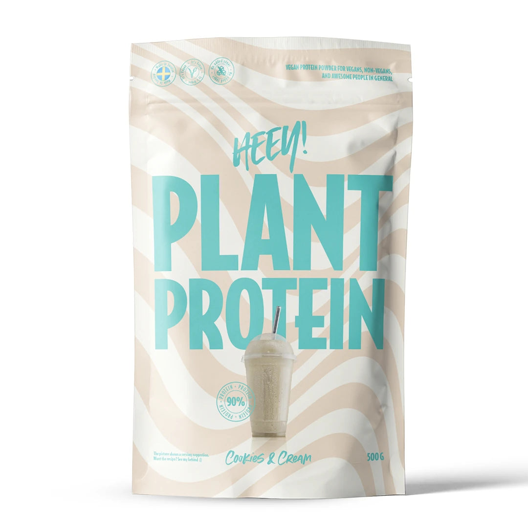 Heey! Vegaaninen proteiini 500 g beige-valkoisessa aaltoilevassa pussissa turkoosilla tekstillä, makuna Cookies &amp; Cream., kuva 4/9