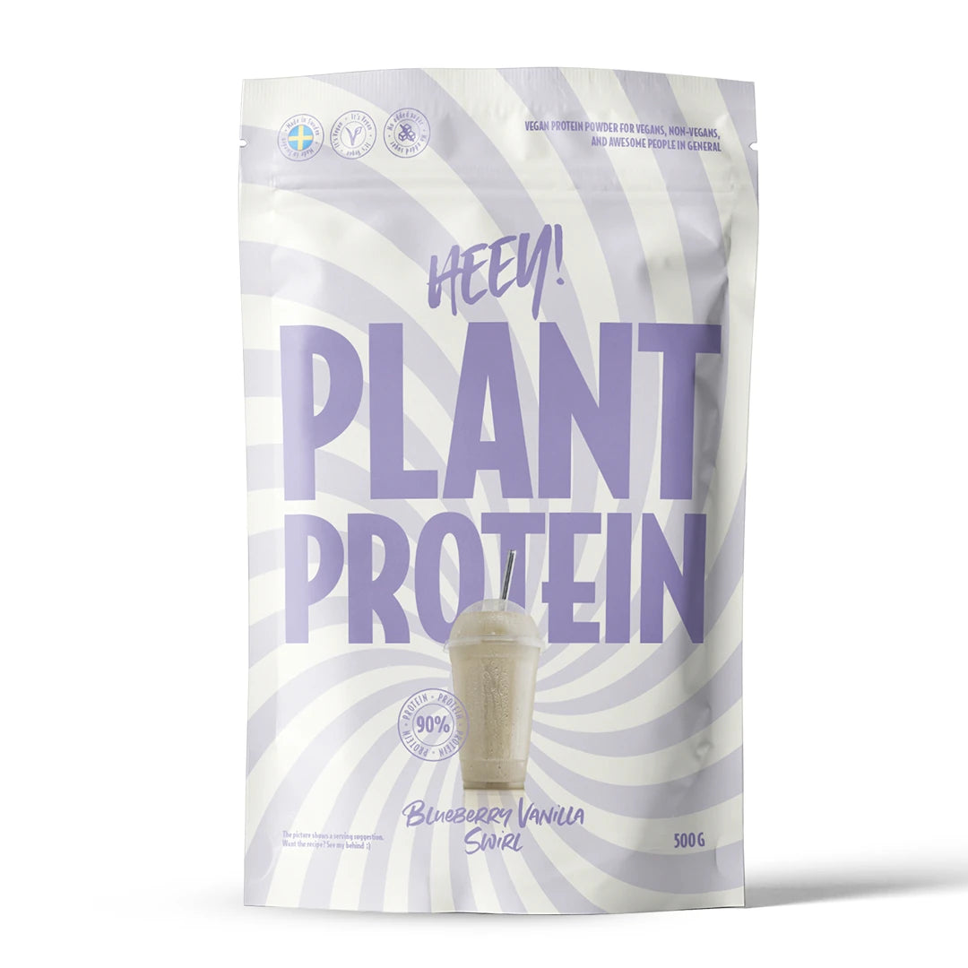 Heey! Vegaaninen proteiini 500 g -proteiinijauhe valkoisessa ja vaaleanlilassa pussissa, makuna Blueberry Vanilla Swirl., kuva 5/9