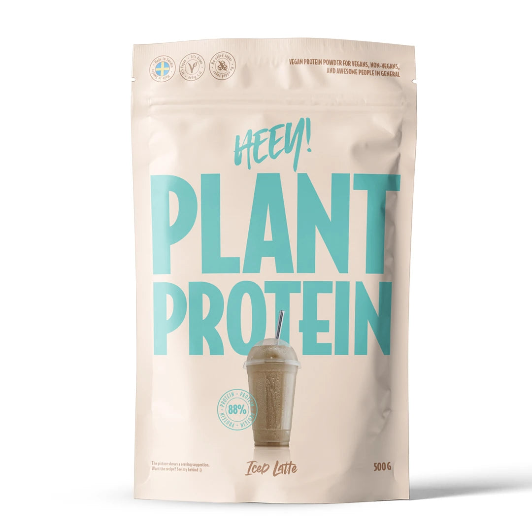 Heey! Vegaaninen proteiini 500 g -proteiinijauhe beigessä pussissa turkoosilla tekstillä, makuna Iced Latte., kuva 6/9