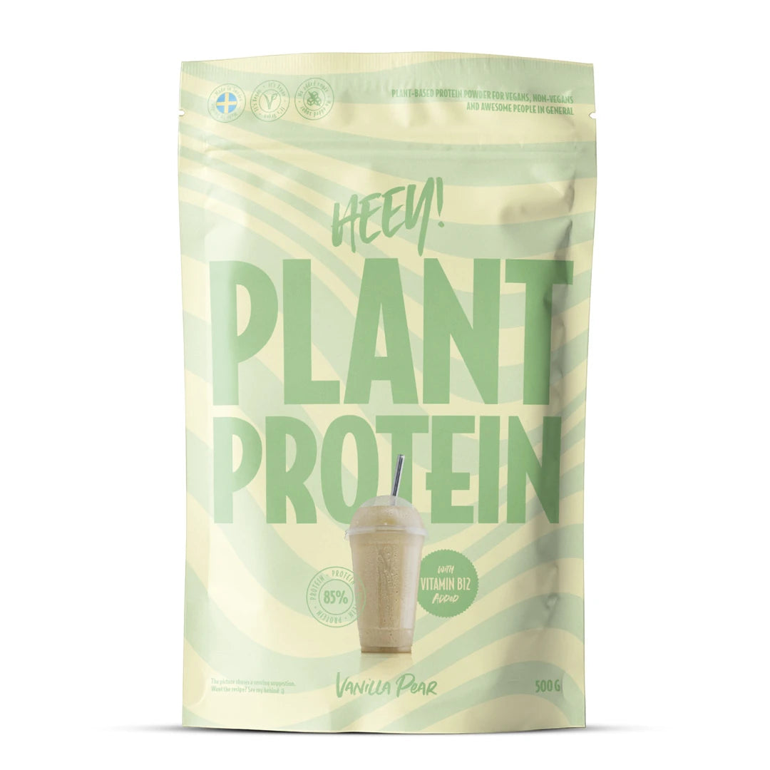 Heey! Veganskt Protein 500 g -proteiinijauhe vaaleanvihreässä ja kermanvalkoisessa pussissa, makuna päärynä-vanilja., kuva 8/9