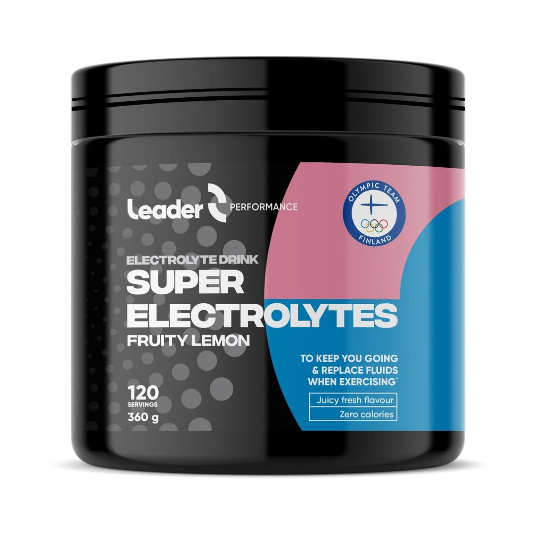 Leader Performance Electrolyte powder 360 g mustassa purkissa pinkki-sinisellä etiketillä, makuna Fruity Lemon.