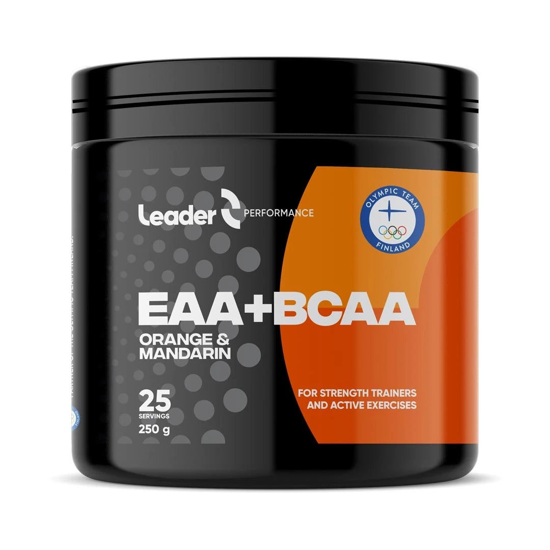 Musta purkki Leader Performance EAA+BCAA 250 g -aminohappojauhetta oranssilla etiketillä, makuna Orange & Mandarin.