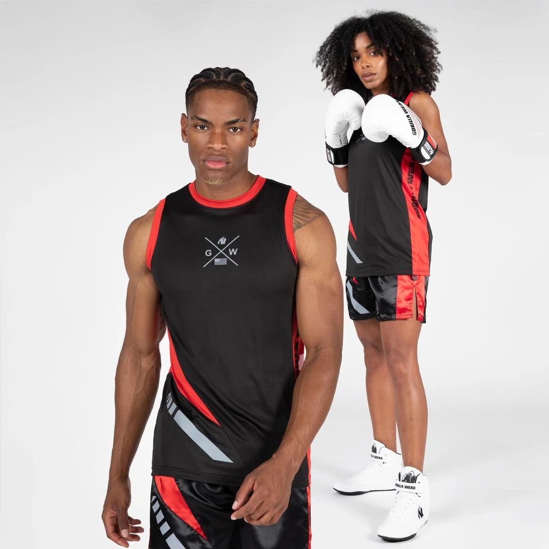Gorilla Wear Hornell Tank Top Black/Red, musta-punainen polyesteristä valmistettu unisex-toppi, kahden mallin päällä., kuva 2/6