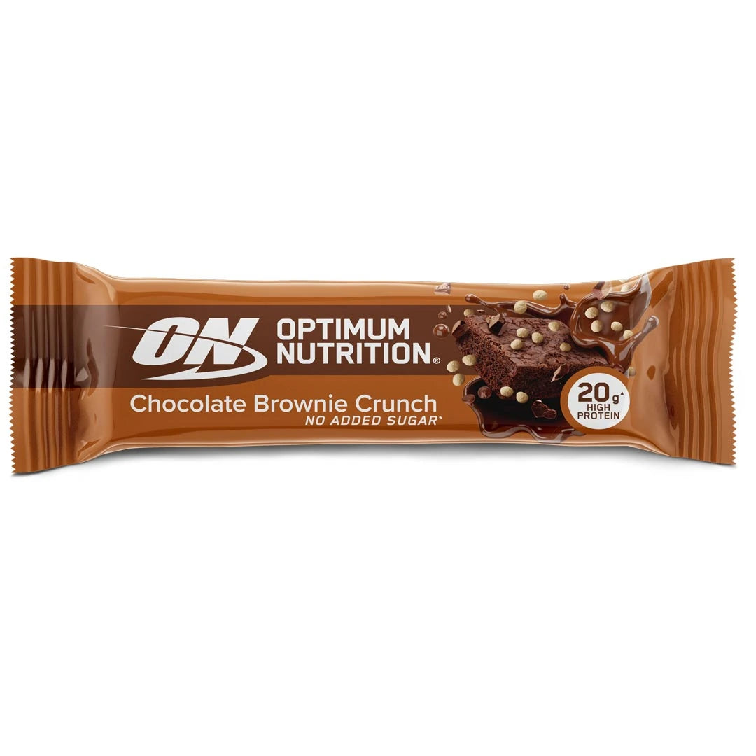Optimum Nutrition Protein Bar 70 g ruskeassa pakkauksessa suklaayksityiskohdilla, makuna Chocolate Brownie Crunch.