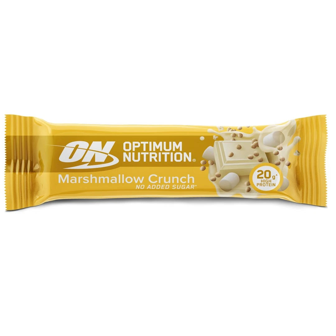 Optimum Nutrition Protein Bar 70 g keltaisessa pakkauksessa, makuna Marshmallow Crunch.