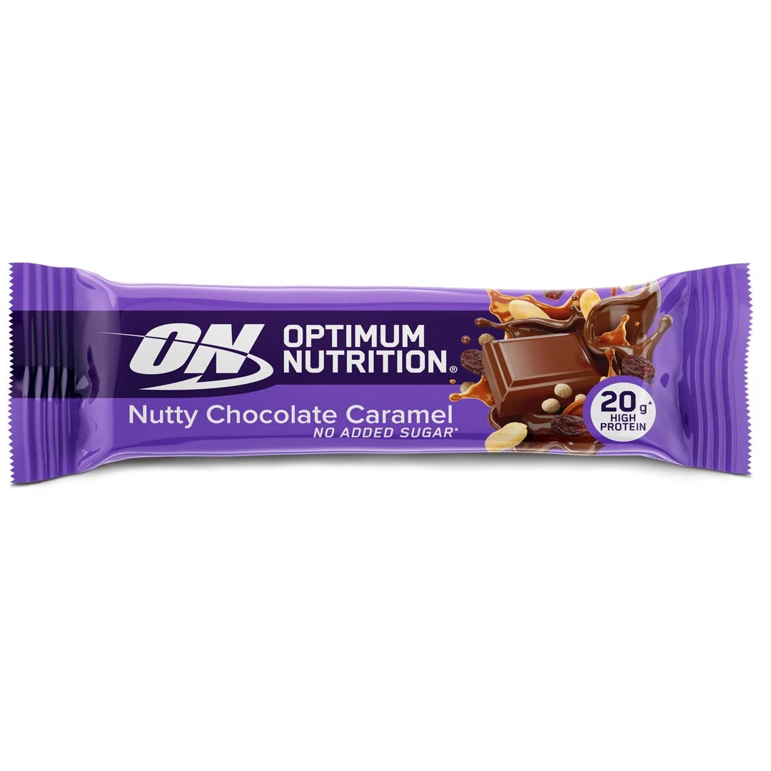 Optimum Nutrition Protein Bar 70 g violetissa pakkauksessa, makuna Nutty Chocolate Caramel.