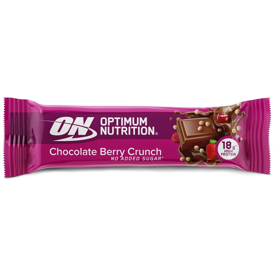 Optimum Nutrition Chocolate Protein Bar 59 g -proteiinipatukka vaaleanpunaisessa pakkauksessa, makuna Berry Crunch.