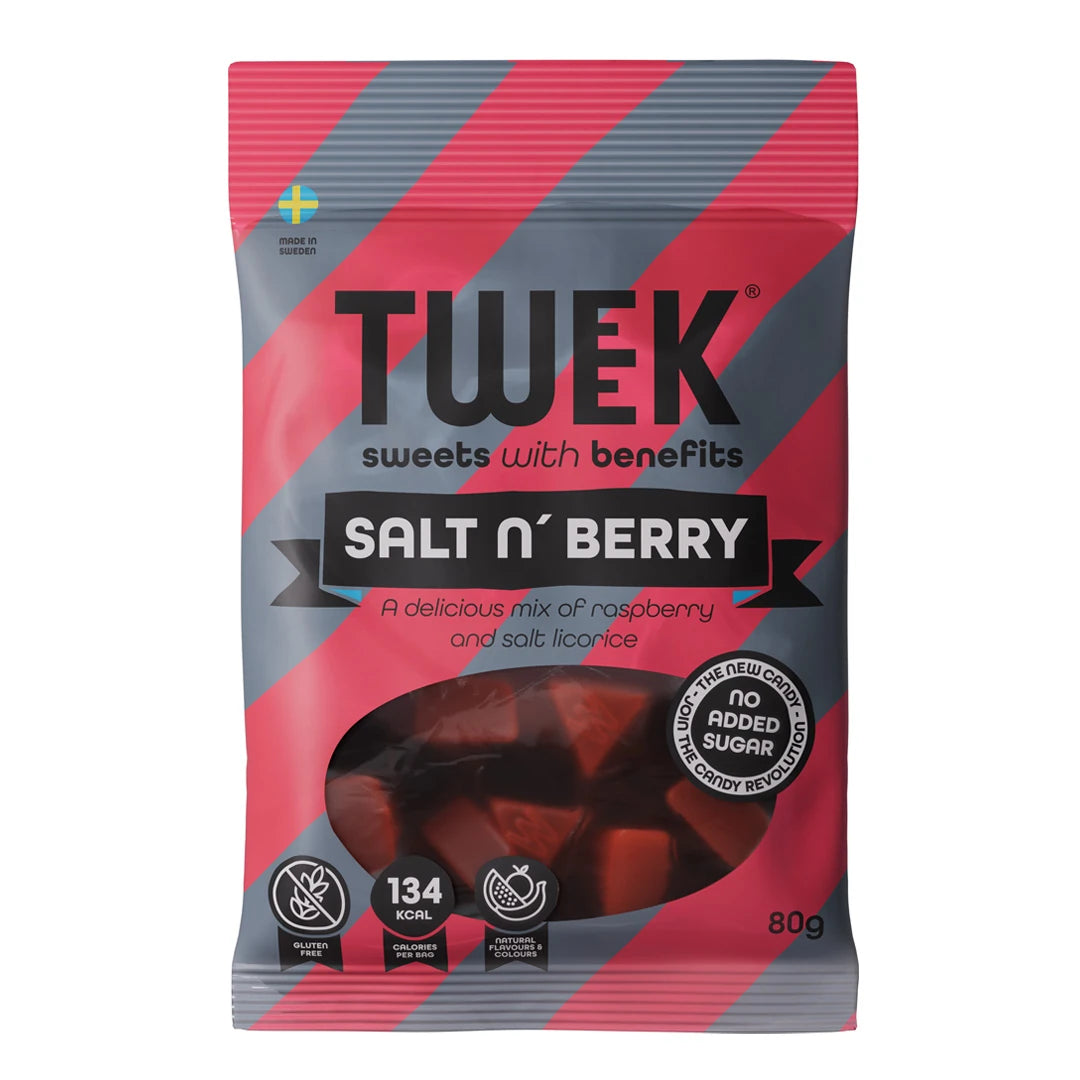 Tweek Sweets 80 g -makeiset vaaleanpuna-harmaaraidallisessa pussissa, makuna Salt n' Berry., kuva 3/7