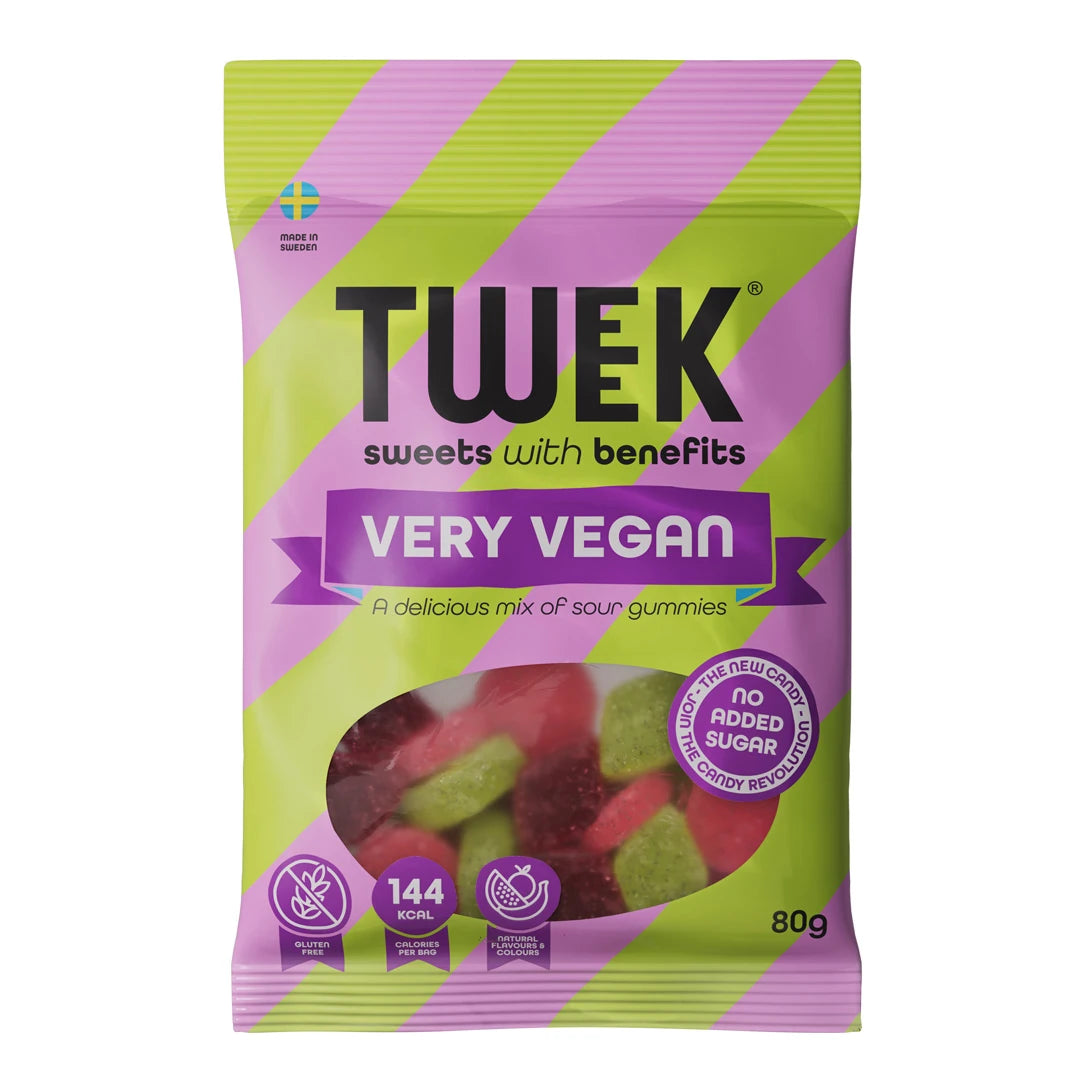 Tweek Sweets 80 g vegaanisia makeisia vihreä-vaaleanpunaraidallisessa pussissa, makuna Very Vegan., kuva 4/7