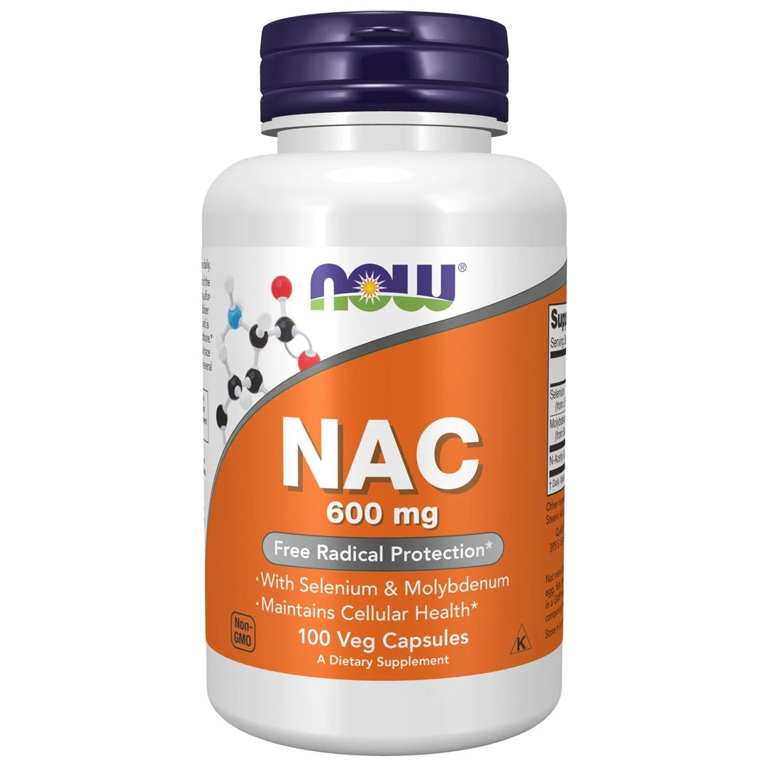 NOW NAC 600 mg 100 caps -ravintolisä valkoisessa muovipurkissa, jossa on oranssi etiketti ja tummansininen kansi.