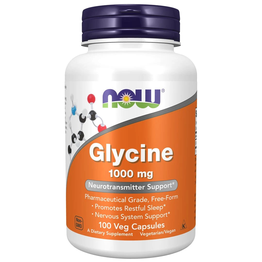 NOW Glycine 1000 mg 100 caps -aminohapot valkoisessa purkissa, jossa on oranssi etiketti ja tummansininen korkki.