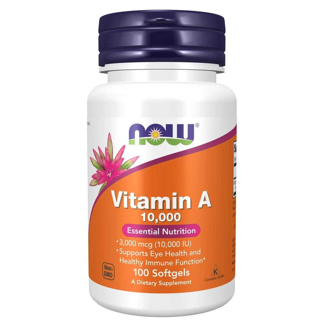 NOW A-vitamin 10.000IU 100 caps -ravintolisä valkoisessa purkissa, jossa on tummansininen korkki ja oranssi etiketti.