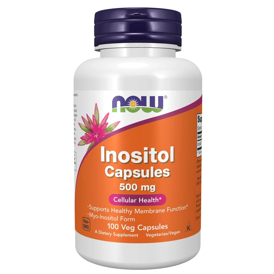 NOW Inositol 500 mg 100 caps valkoisessa purkissa, jossa on oranssi etiketti ja tummanvioletti kansi.