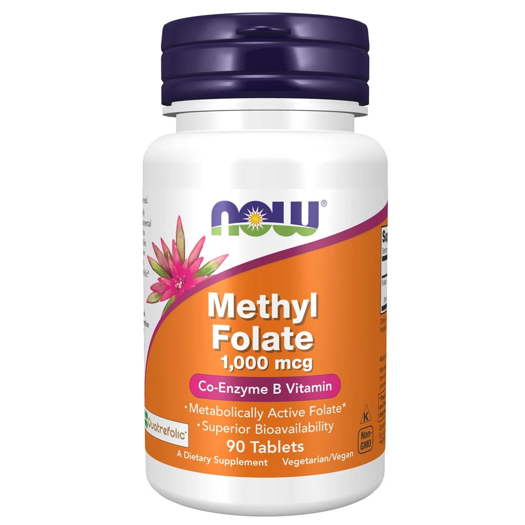 NOW Methylfolate 1000mcg 90 tabs -foolihappolisä valkoisessa purkissa oranssilla etiketillä ja tummanliilalla kannella.