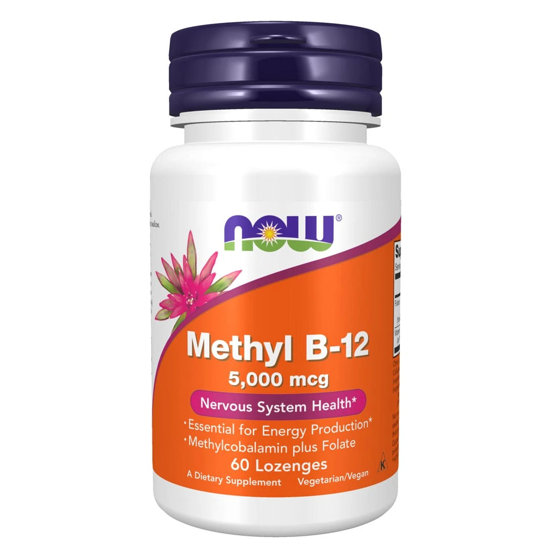 NOW Methyl B-12 60 caps valkoisessa purkissa, jossa tummansininen kansi ja oranssi etiketti pinkillä kukalla.
