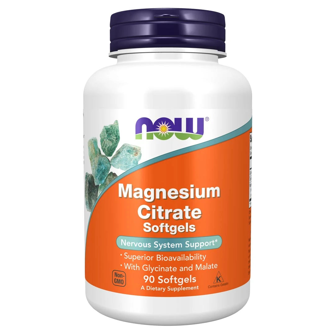 NOW Magnesium Citrate 134 mg 90 caps -ravintolisä valkoisessa purkissa, jossa on oranssi etiketti ja tummansininen kansi.