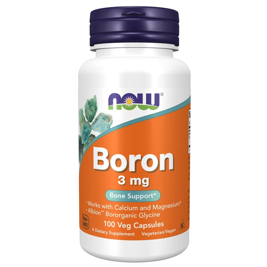 NOW Boron 3mg 100 caps -ravintolisä valkoisessa purkissa violetilla kannella ja oranssilla etiketillä.