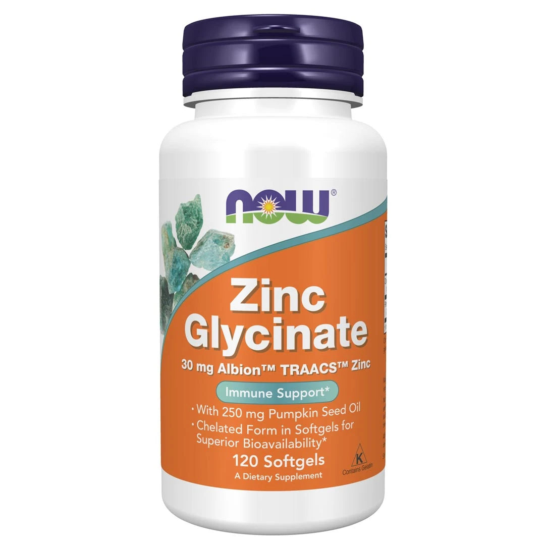 NOW Zinc Glycinate 30mg 120 caps valkoisessa purkissa, jossa on violetti kansi ja oranssi etiketti.