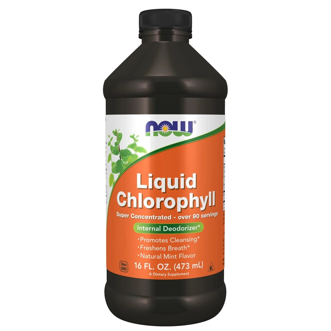 NOW Liquid Chlorophyll 473 ml -nestemäinen ravintolisä tummassa pullossa, jossa on oranssi-valkoinen etiketti.