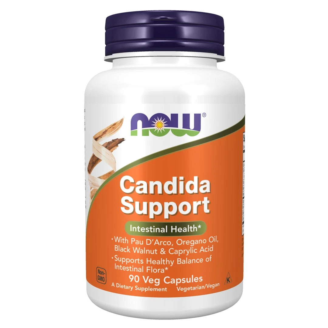 NOW Candida Support 90 caps valkoisessa purkissa oranssilla etiketillä ja tummanlilalla kannella.