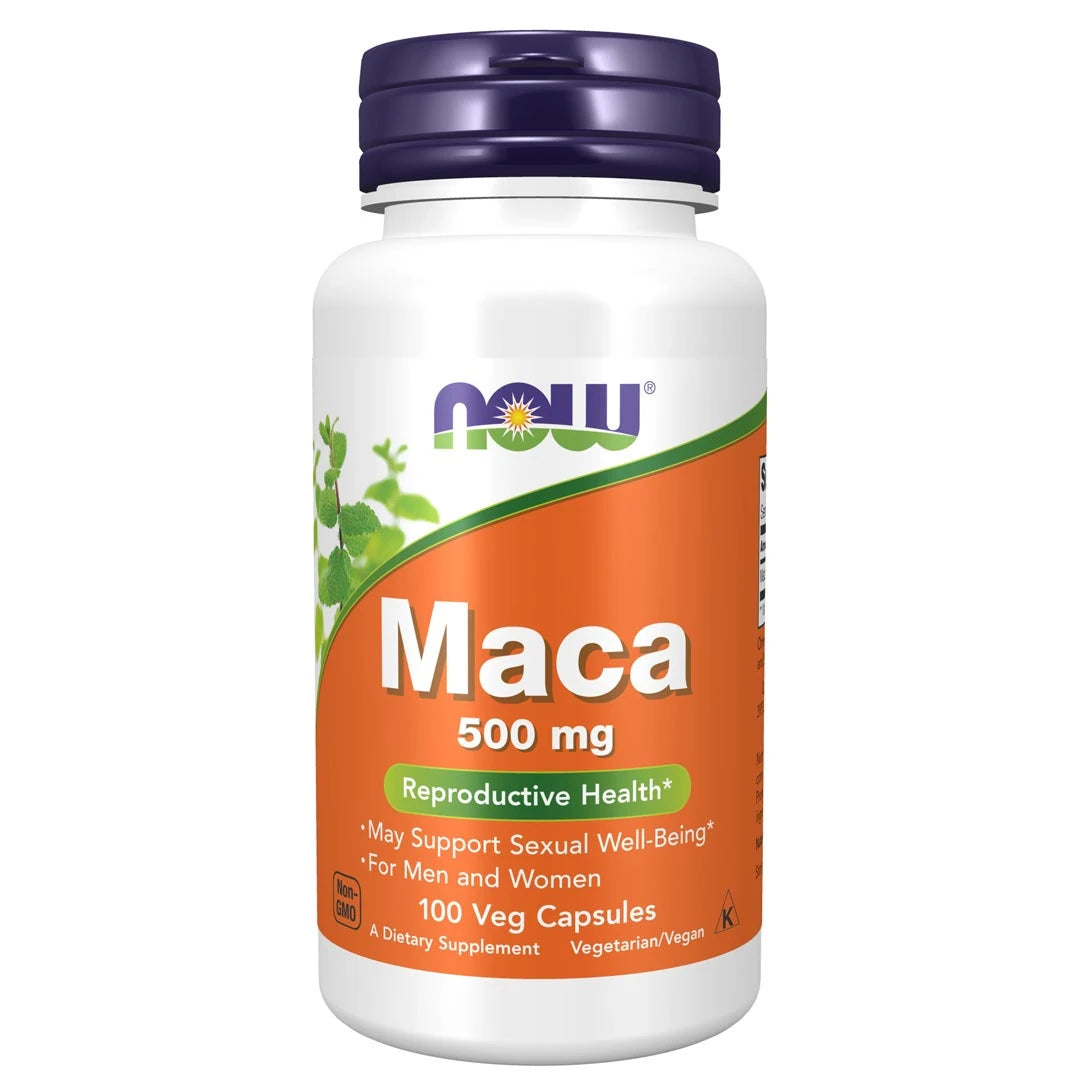 NOW MACA 500 mg 100 caps -vegaanikapselit valkoisessa muovipurkissa oranssilla etiketillä ja tummansinisellä korkilla.