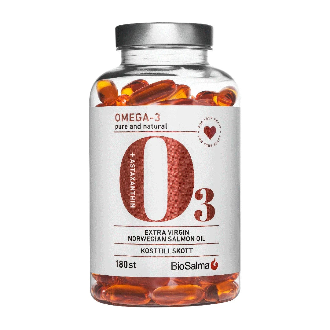 BioSalma Omega-3 Salmonoil 1000 mg 180 caps läpinäkyvässä purkissa valkoisella etiketillä, oranssit kapselit näkyvissä.