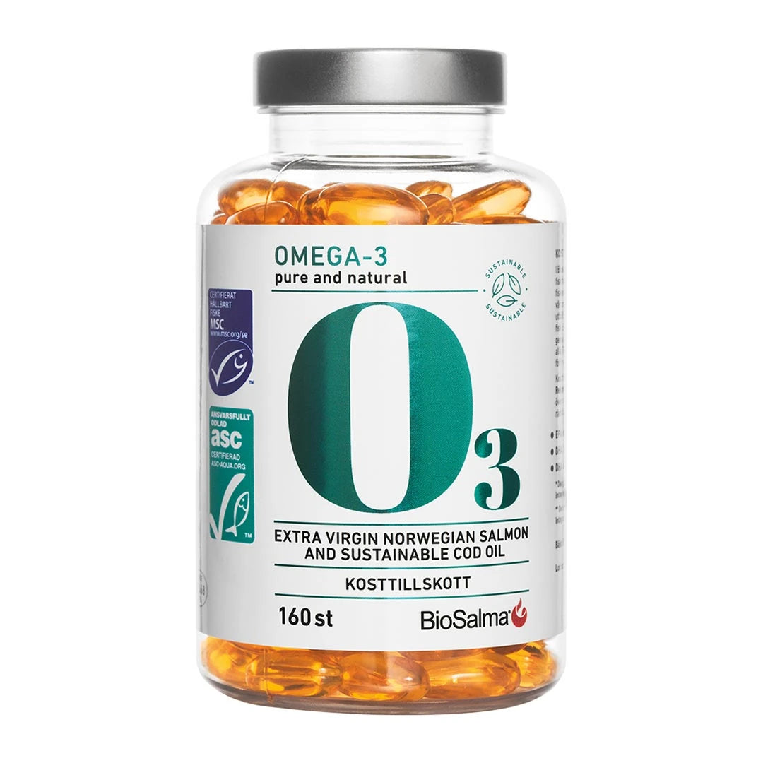 BioSalma Omega-3 Cod & Salmon oil 800 mg 160 caps läpinäkyvässä purkissa, jossa on hopeinen kansi ja kultaisia kapseleita.