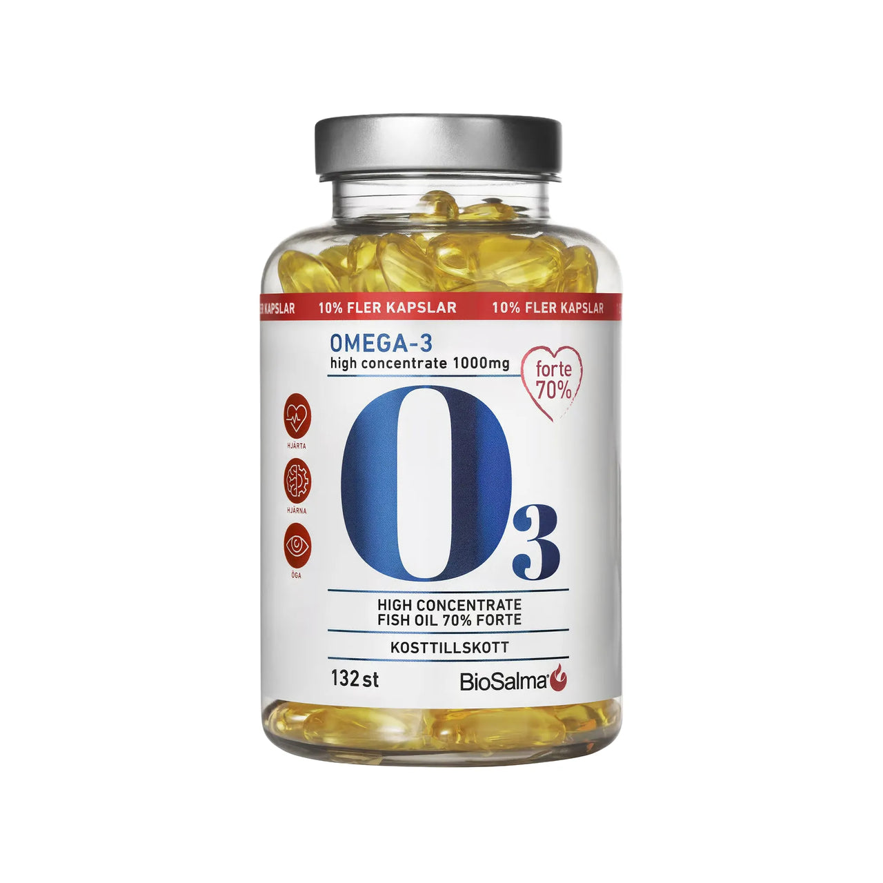 BioSalma Omega-3 Forte 70% 1000 mg 132 caps läpinäkyvässä, hopeakantisessa purkissa kultaisilla kapseleilla.