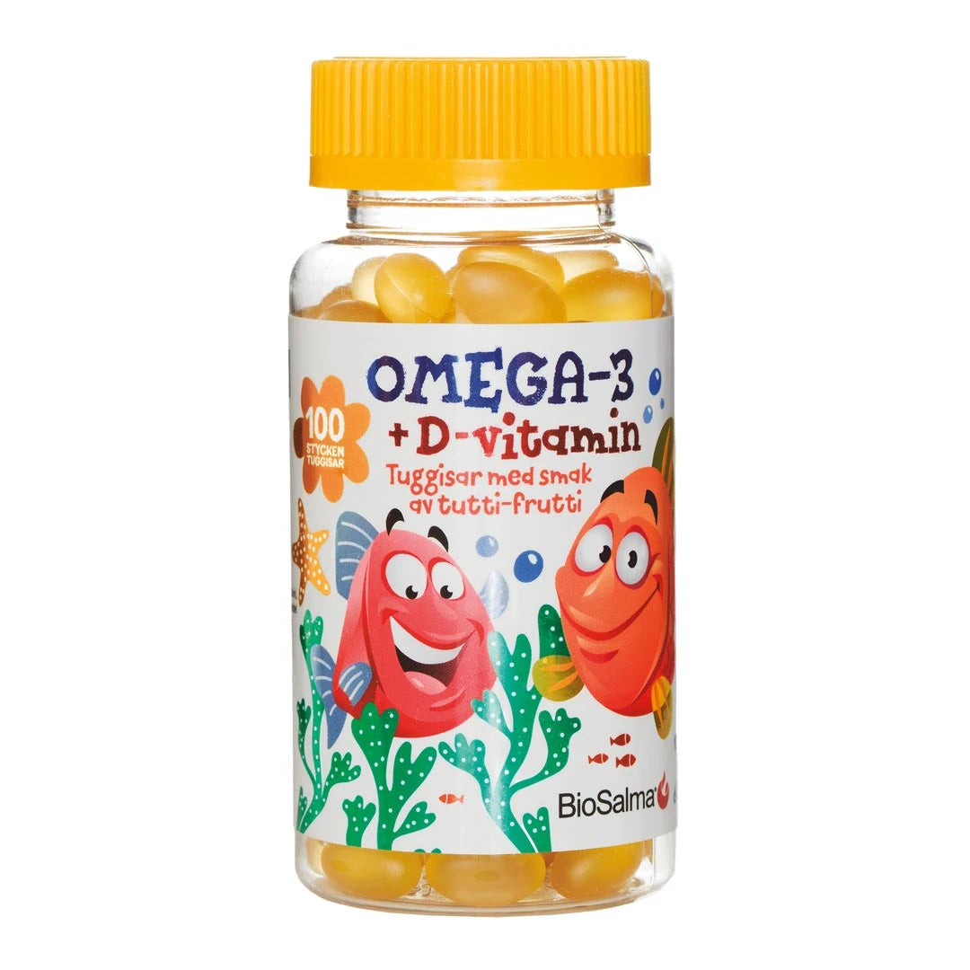 BioSalma Omega-3 100 pcs -lasten purutabletit läpinäkyvässä purkissa, jossa on keltainen kansi ja värikkäitä kaloja.